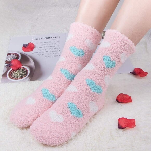 Plush Slipper Socks Women Colorful Warm Fuzzy Crew Socks Cozy Soft Pink Grey - Picture 3 of 7